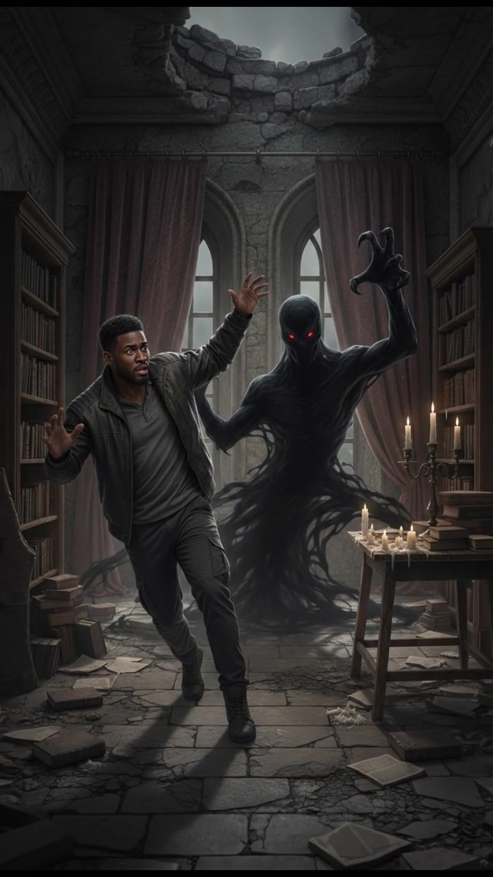 Isaiah, startled, steps back as a dark, menacing shadow looms closer.