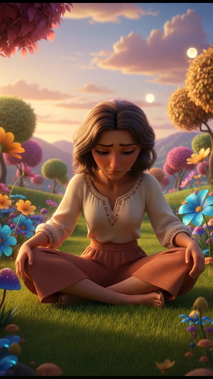 Laila with a pensive look, sitting cross-legged on a grassy field, deep in thought.