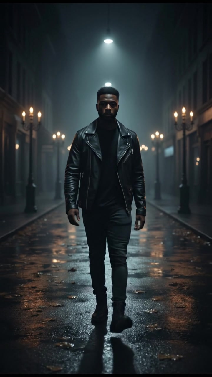 Isaiah walking alone on a quiet street at night, the pavement wet from recent rain.