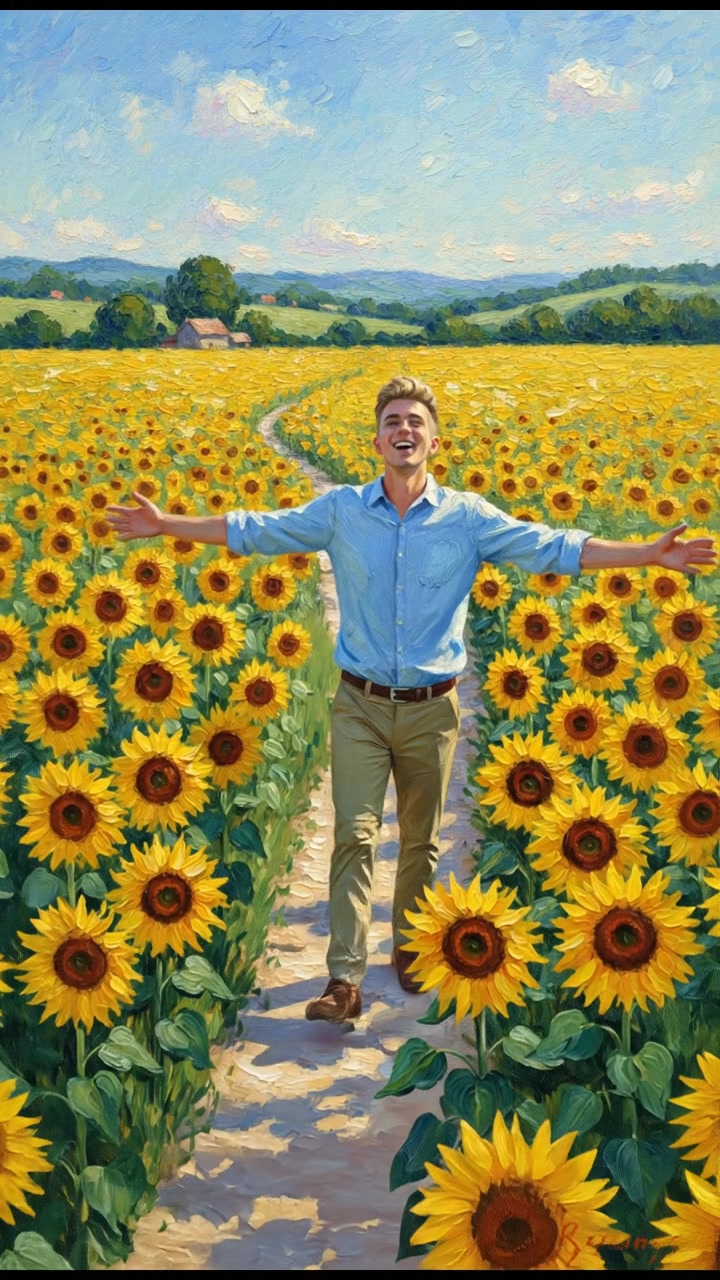 A scenic depiction of a vibrant sunflower field under a clear blue sky, symbolizing Ryan's joy.