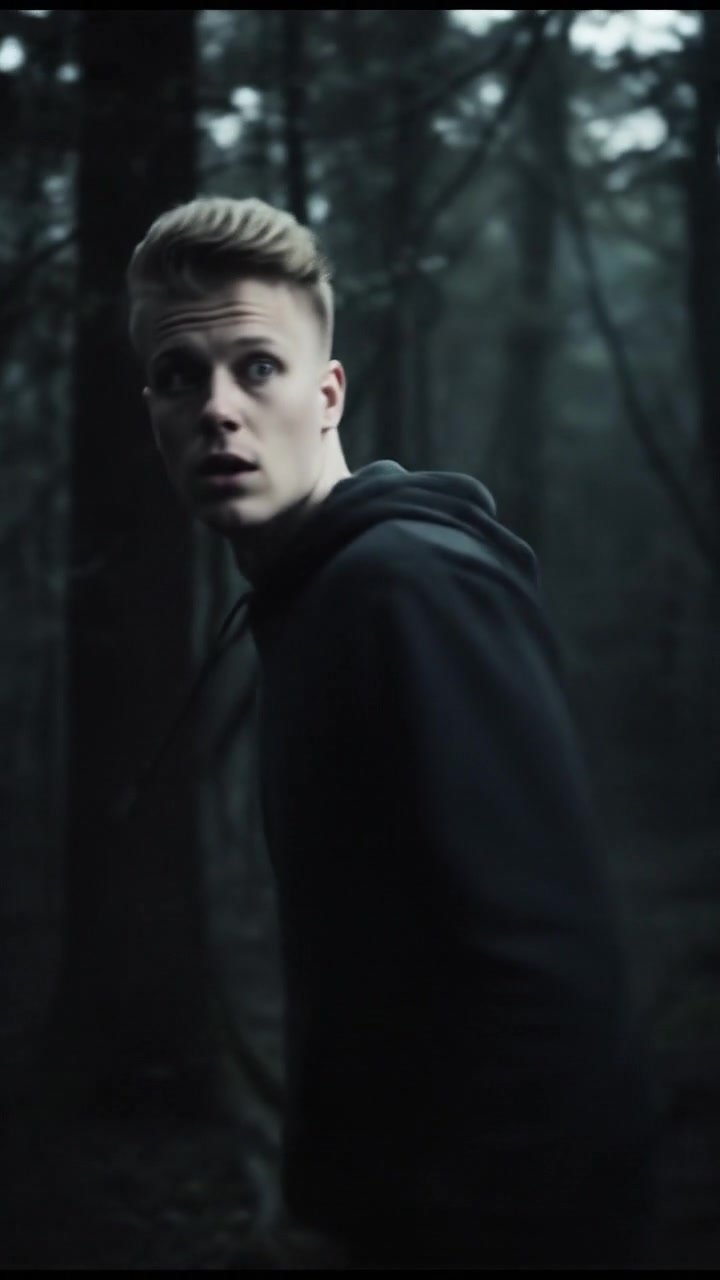 Ryan stopping in the forest, looking around while eerie footsteps echo behind him.