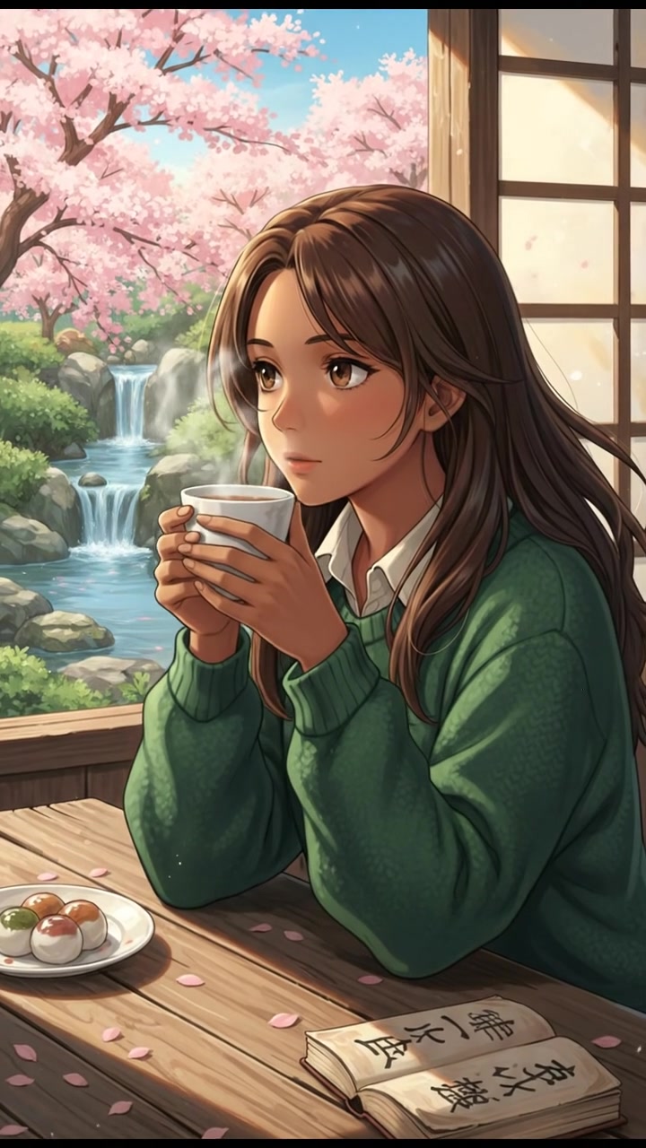 Priya sitting at a wooden table, holding a cup of tea and looking contemplative.