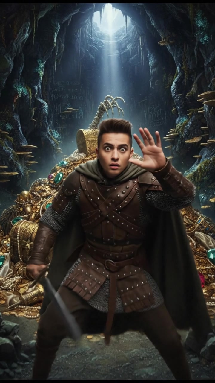 Amir looking startled and defensive in the cave, treasure behind him.