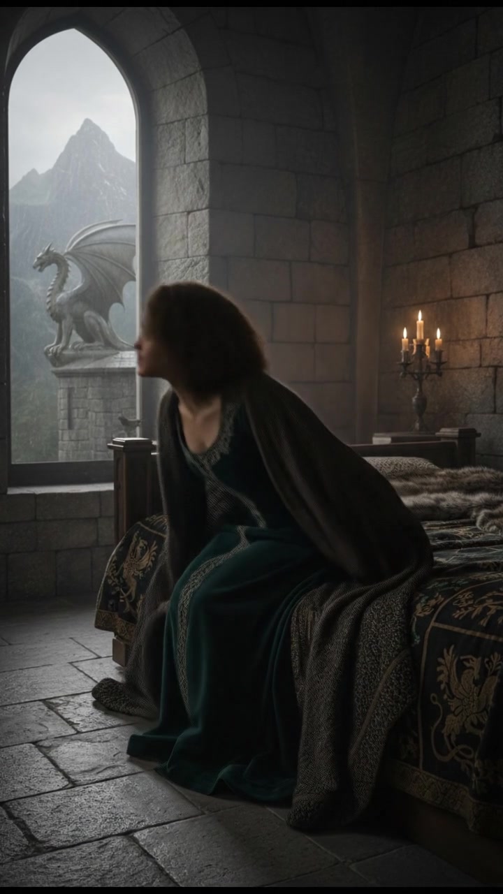 Nia sits alone on the bed in a dimly lit room, her face turned away as she appears deep in thought.