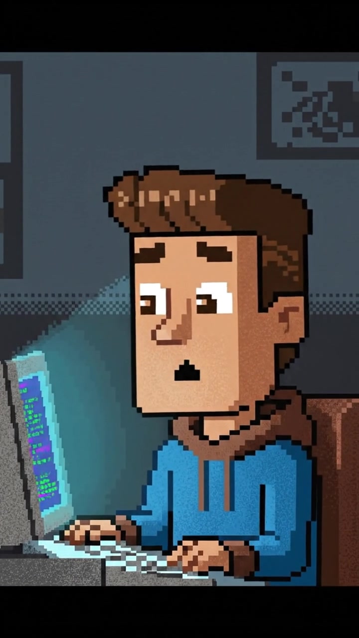 Amir's confused face illuminated by the computer screen, looking perplexed.