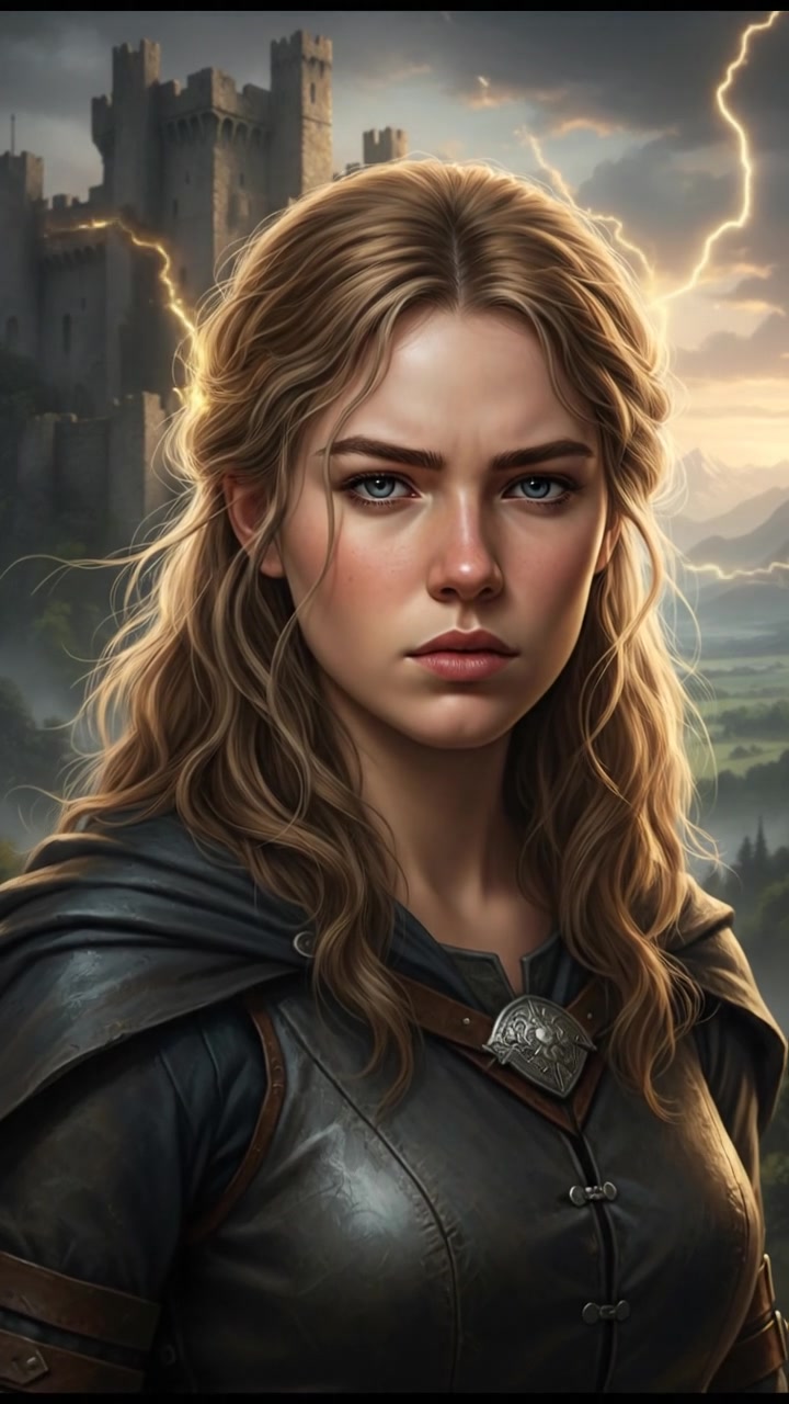 A close-up of Ashley's face, focused and determined, with a faint glow around her.