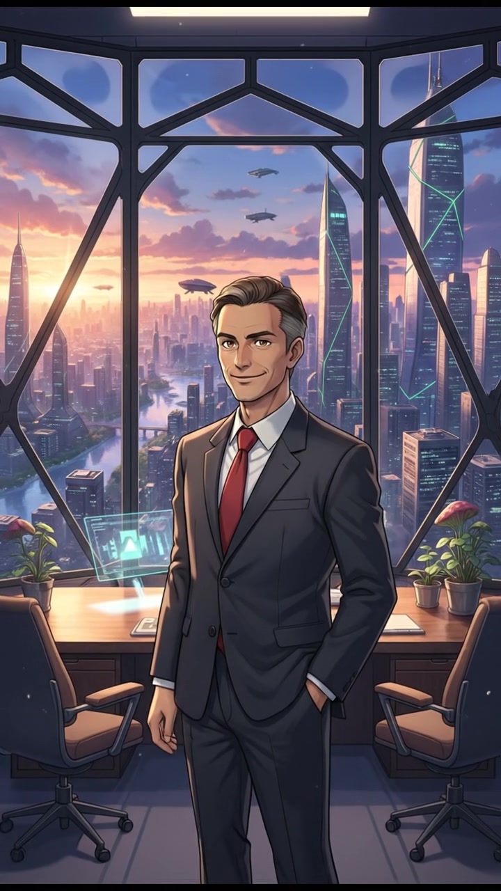 Omar stands confidently in a modern office, overlooking the city skyline through large windows.