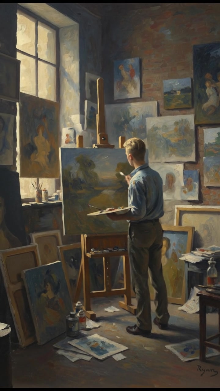 A dimly lit studio filled with Ryan's many paintings and sketches stacked against the walls.