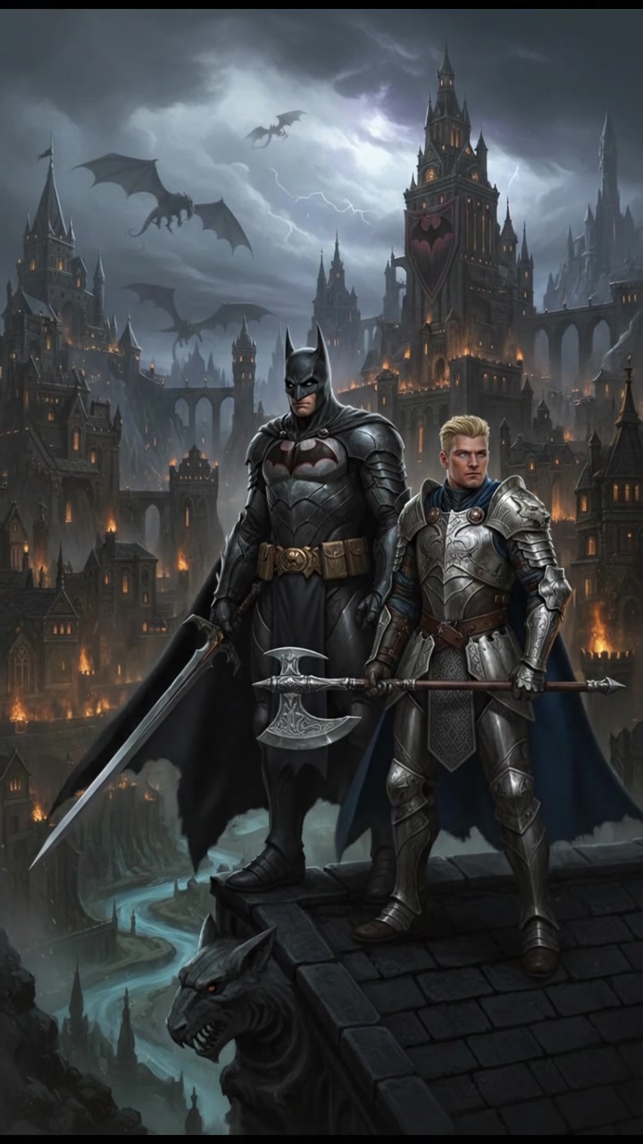 Batman standing on a dark rooftop in Gotham, the city skyline visible in the background.