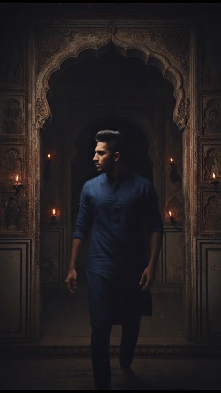 Arjun standing at the entrance of the haveli, looking nervously at the dark interior.