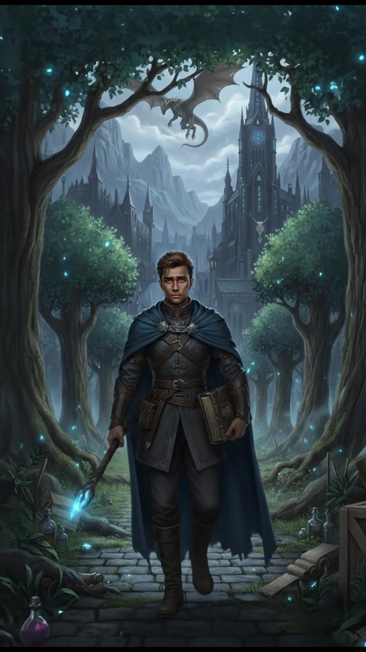 Arjun walking on a campus pathway with trees on both sides, looking weary.