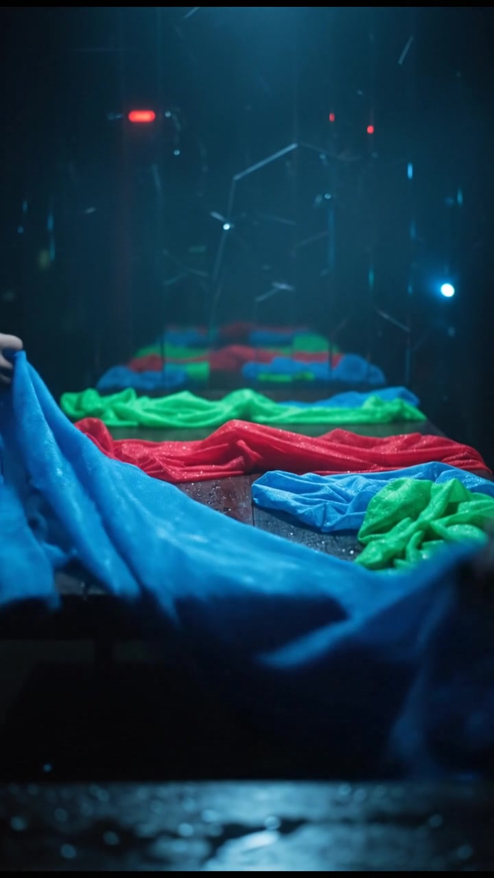 A colorful display of various fabrics and textiles draped elegantly on a wooden table.