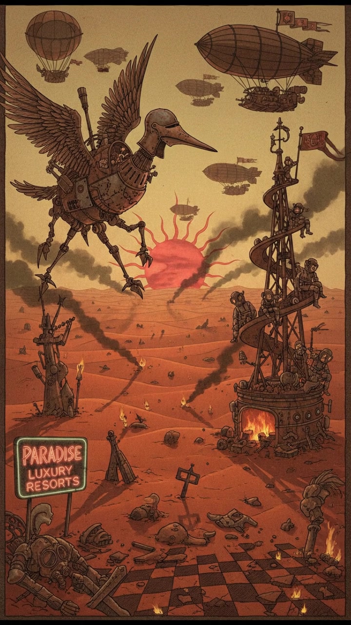 A barren landscape at dawn with burning sand and a faint sun rising in the background.