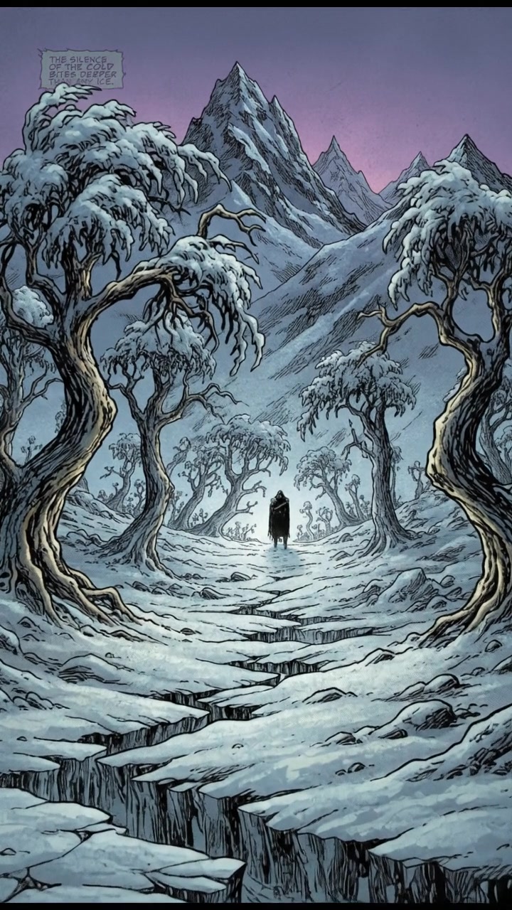 A wide shot of a frozen wilderness landscape, with snow-covered trees and mountains in the background, evoking a sense of horror.