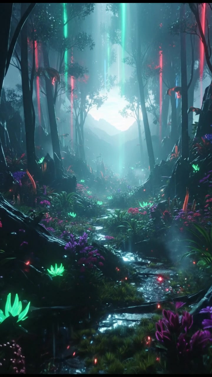 A picturesque valley filled with blooming flowers and dense greenery, sunlight filtering through the trees.