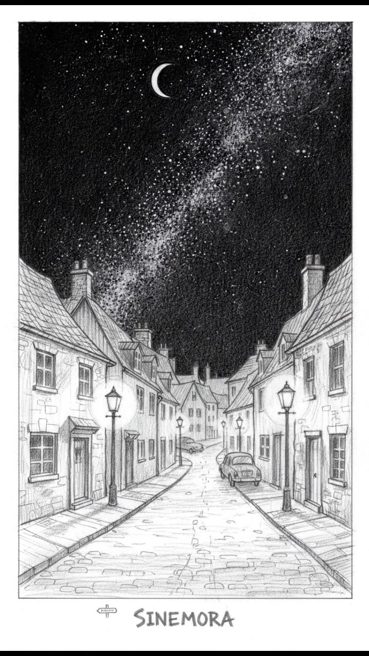 A quiet night scene in the small town of Sinemora, with dim streetlights illuminating empty streets and a starry sky.