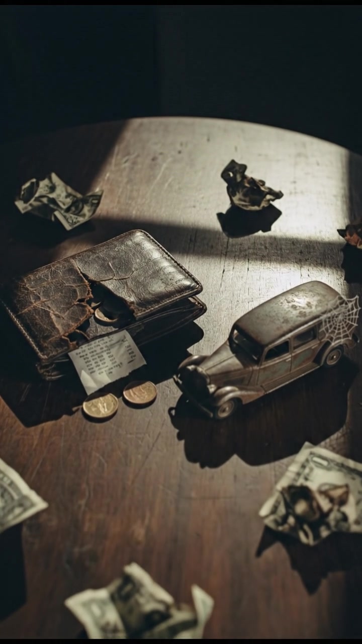A broken wallet lying open on a table, next to a model car and scattered bills.
