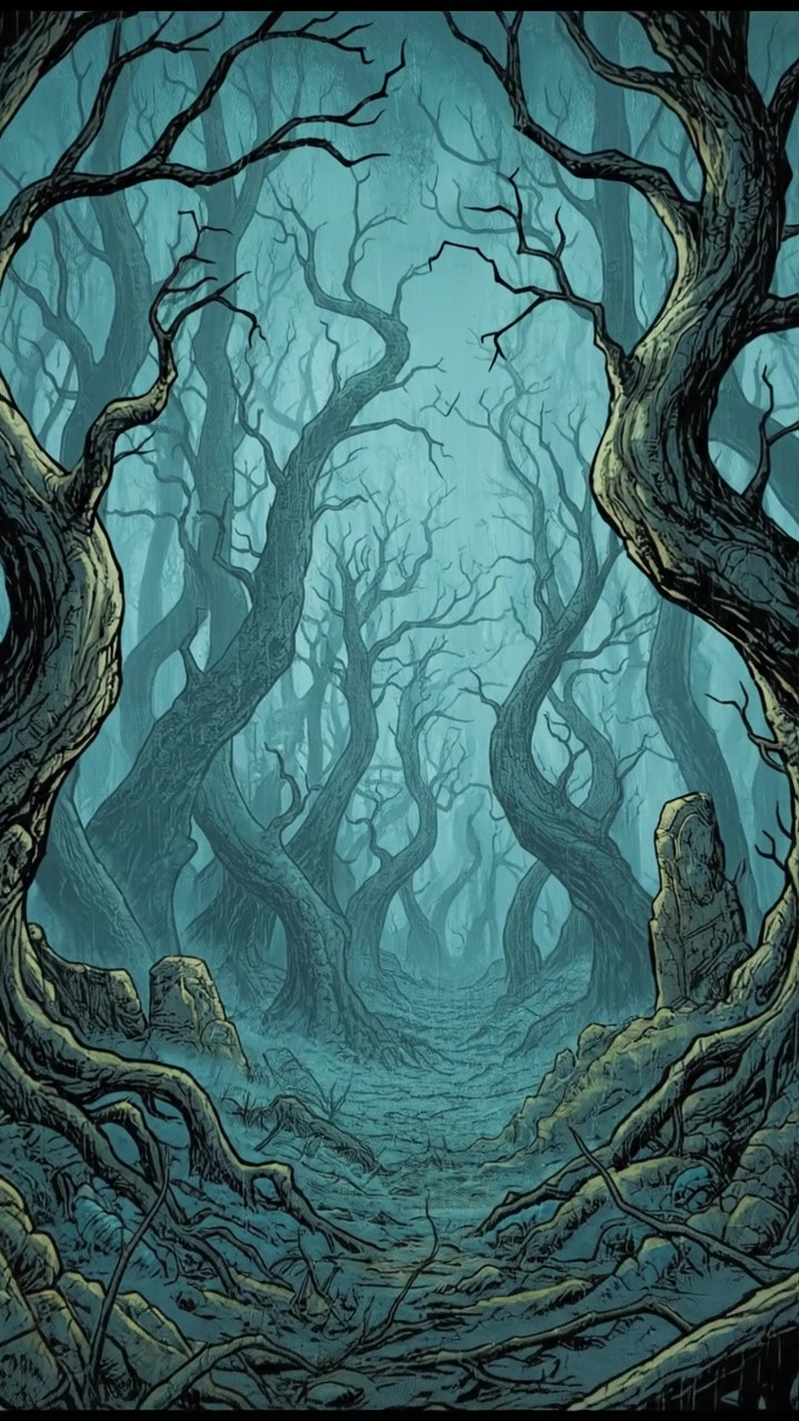 An ancient forest shrouded in fog, featuring twisted trees and cold teal hues.