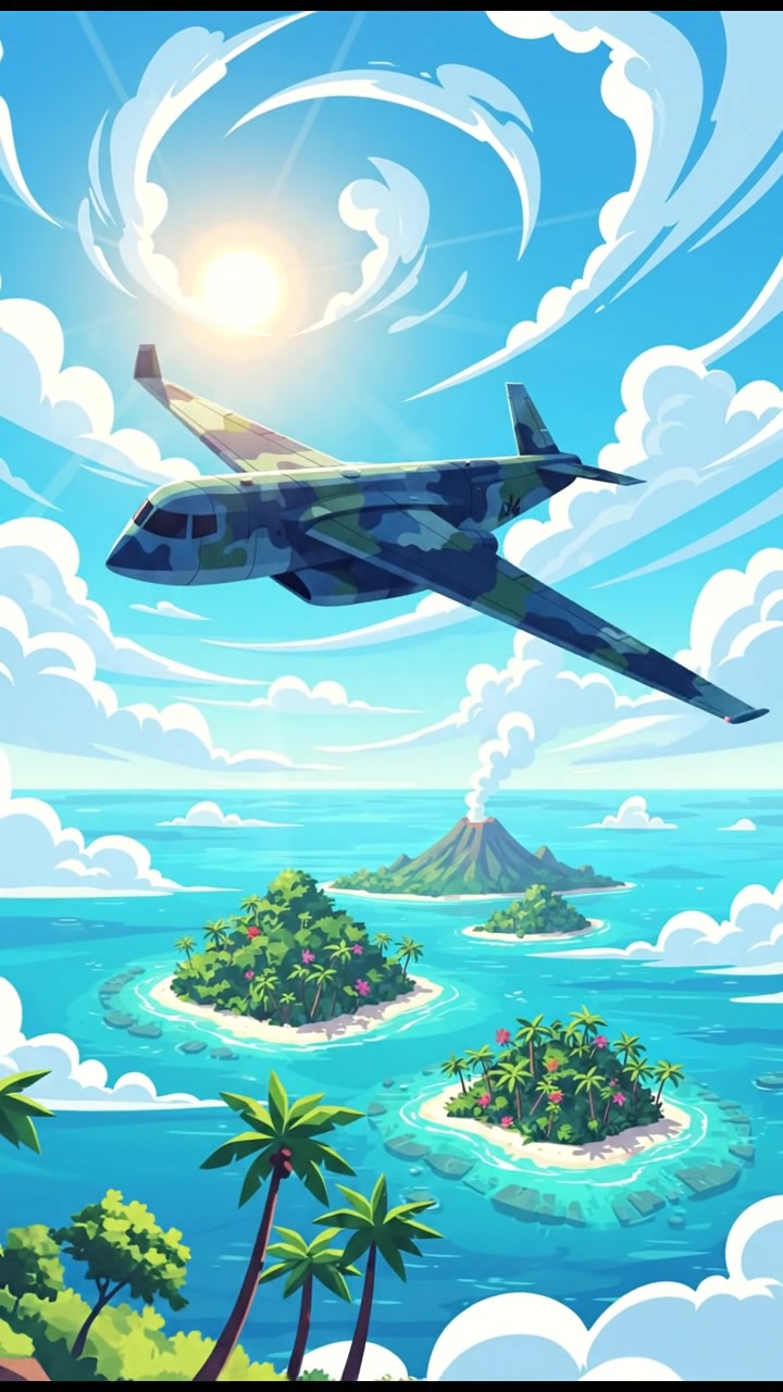 A military aircraft flying high above the ocean, with tropical islands visible below.