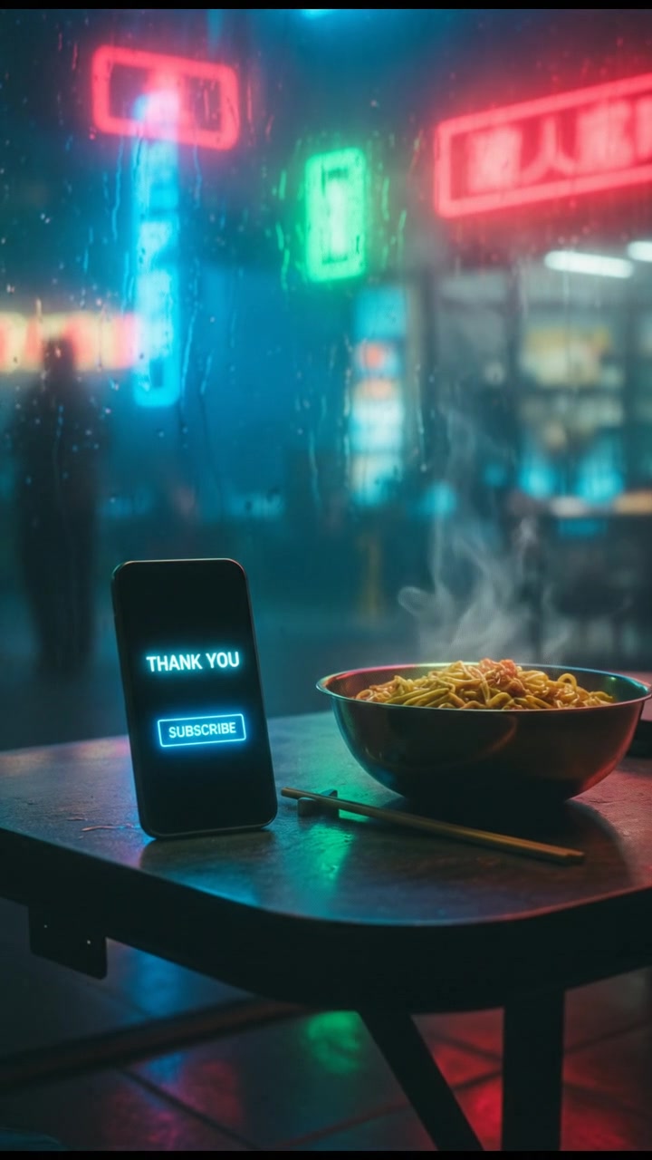 A 'Thank You' page with a subscribe button displayed on a smartphone, next to a chow mein dish.