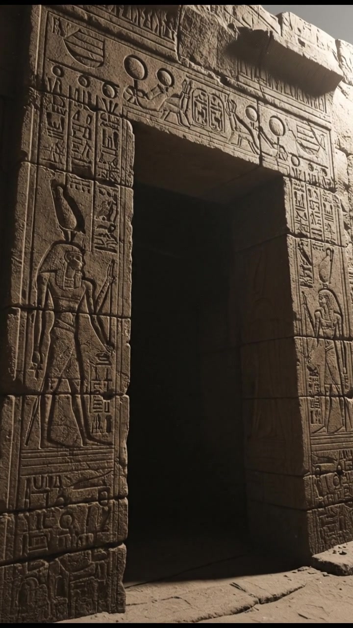 An ancient Egyptian tomb entrance, carved hieroglyphs visible on the stone, with a dimly lit atmosphere.