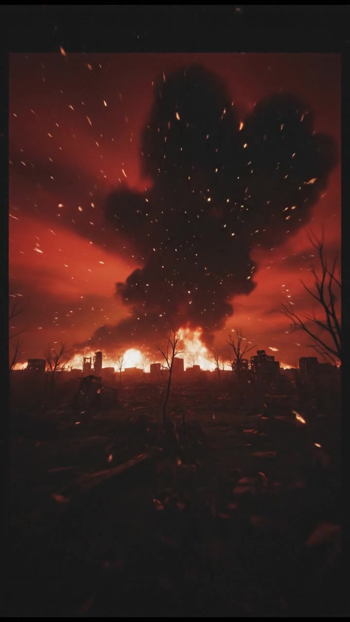 A red sky filled with dark smoke, glowing embers falling from above.