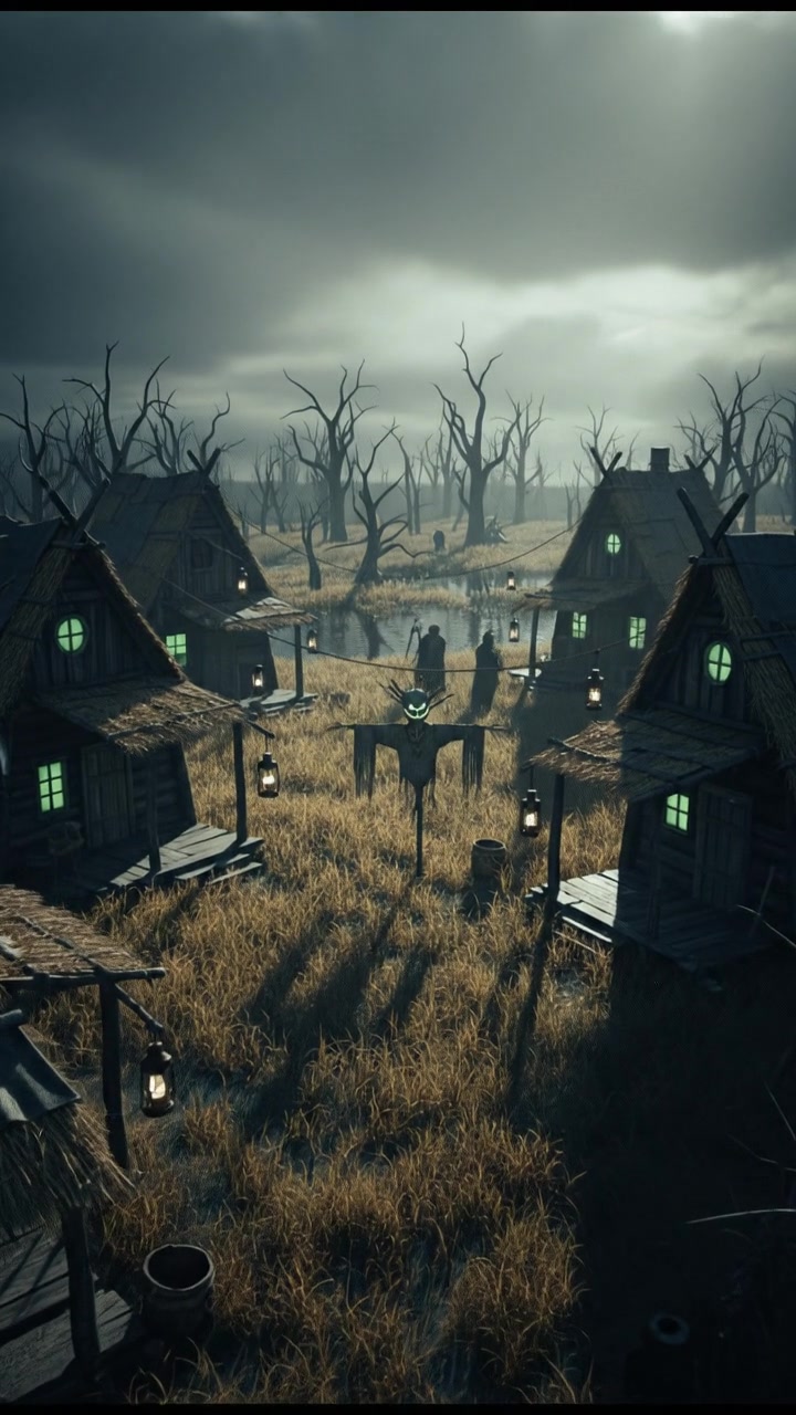 A secluded village beside a swamp, with rustic huts and tall grass under a cloudy sky.