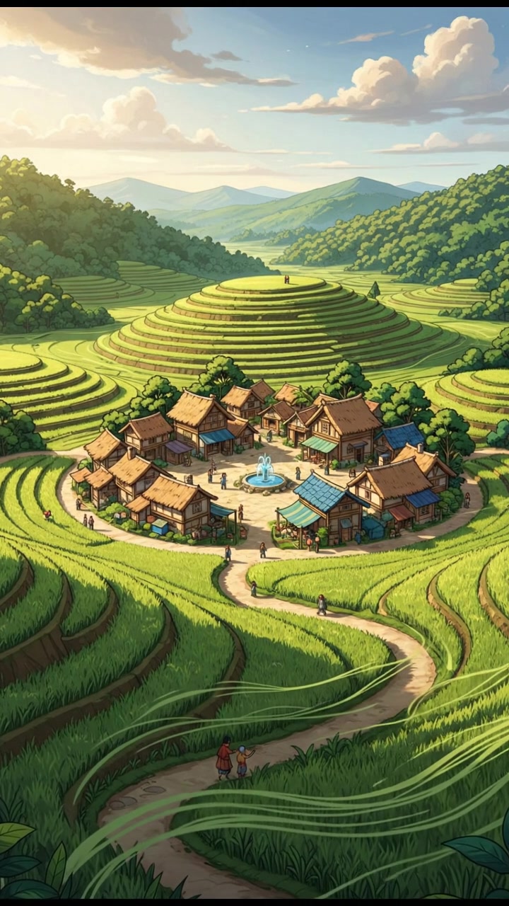 A small village surrounded by green rice fields with a gentle breeze blowing through.