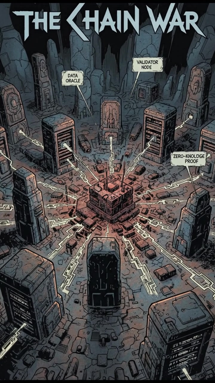 An illustration of a decentralized blockchain network with various nodes connected.