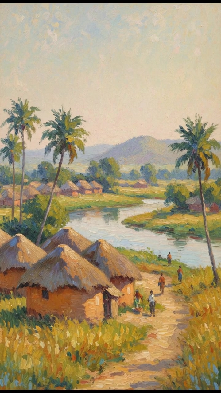 A view of a small Liberian village with traditional mud houses and palm trees.