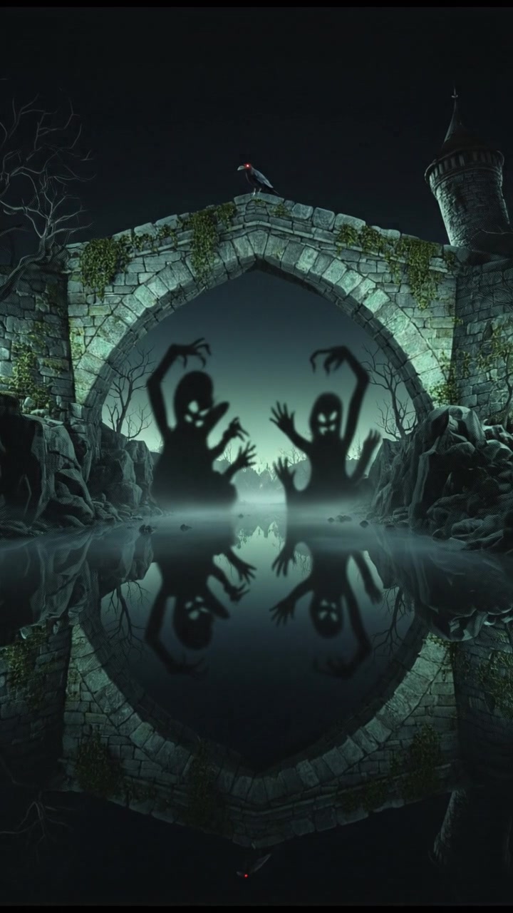 A dark night scene with eerie shadows cast on the bridge, emphasizing its haunted reputation.