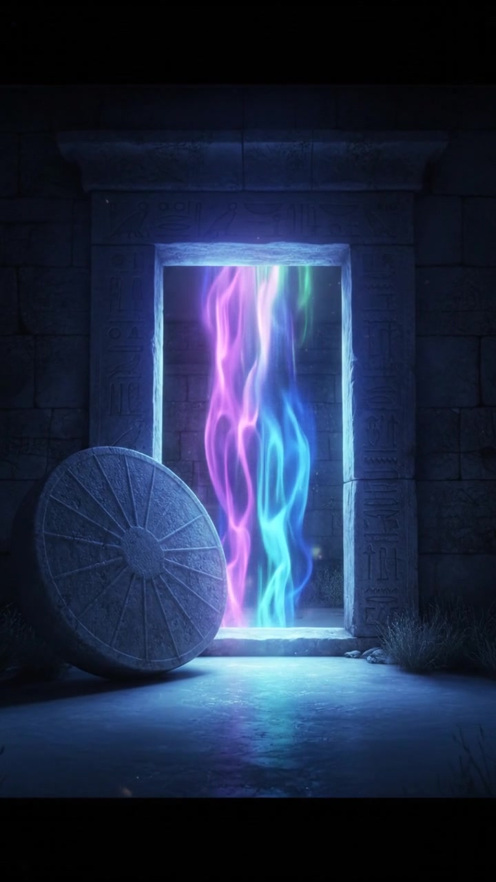 An open tomb with stone rolled away, sunlight streaming in, illuminating the inside.