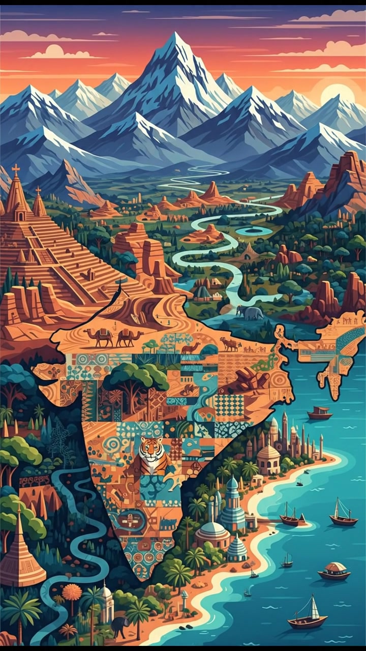 The Himalayas in the background with a vast landscape of India stretching from north to south.