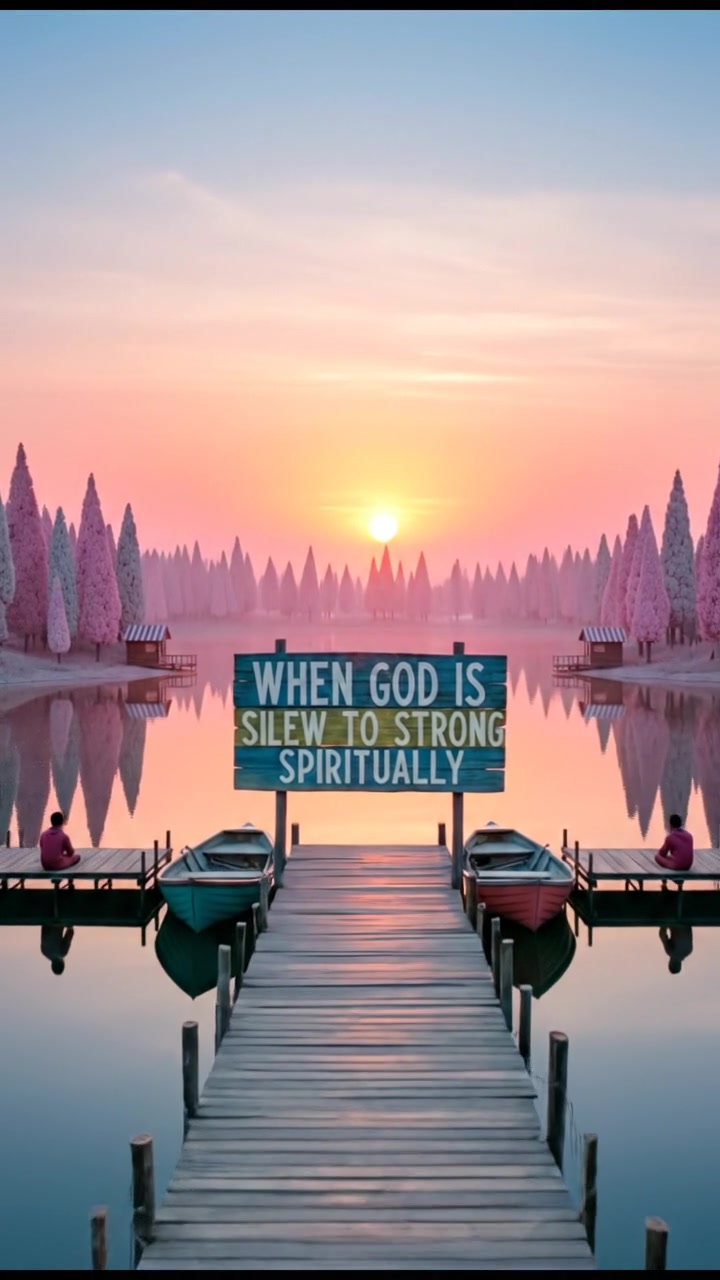 The title 'When God Is Silent: How to Stay Strong Spiritually' displayed on a wooden sign at sunrise over a tranquil lake.