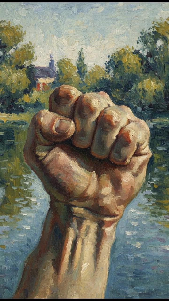 A close-up of a clenched fist, ready to throw a punch, against a blurred background.