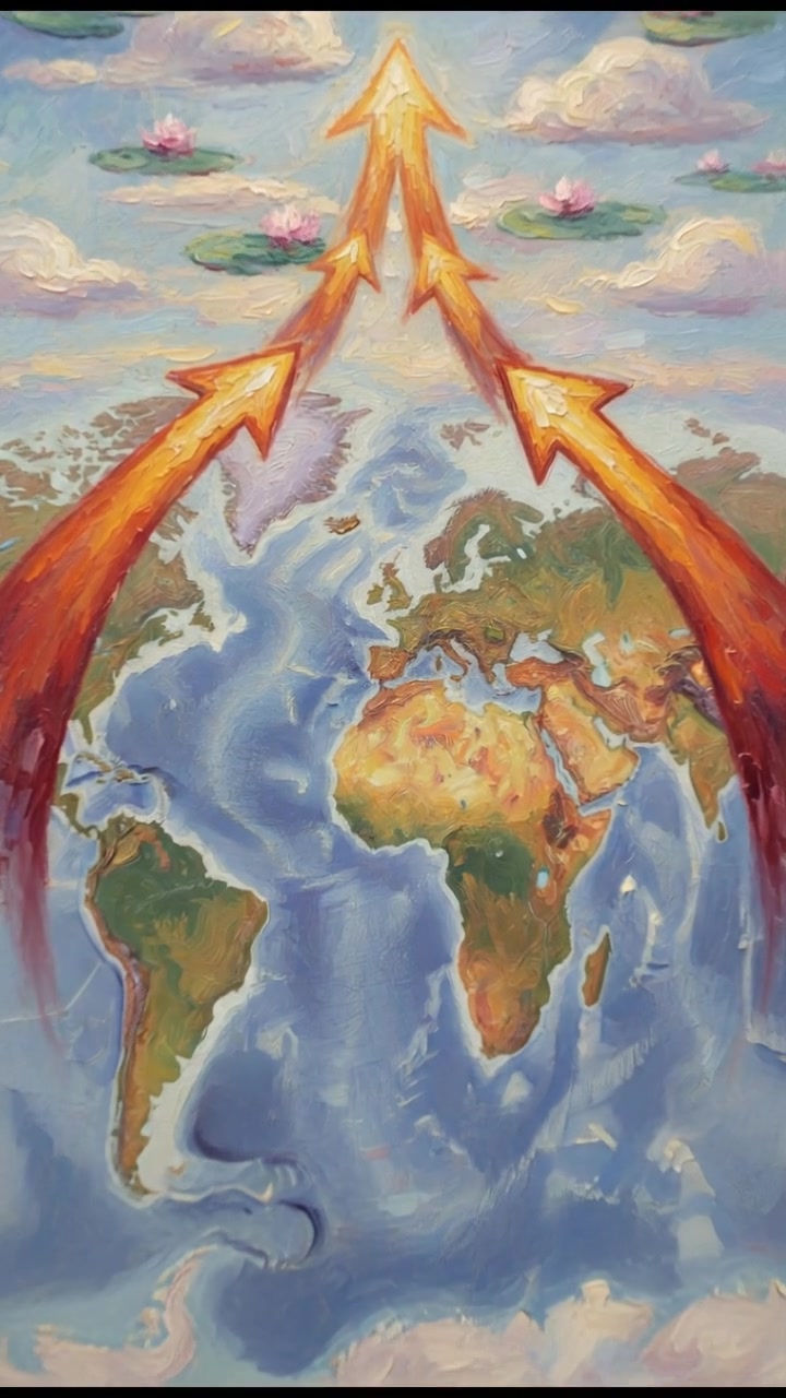 A political map highlighting the United States and China, with rising arrows between them.