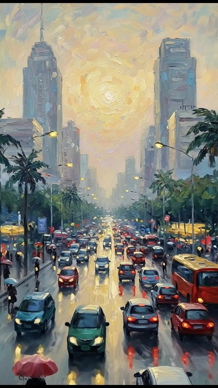 A busy street in Jakarta with tall buildings and traffic, depicting city life.