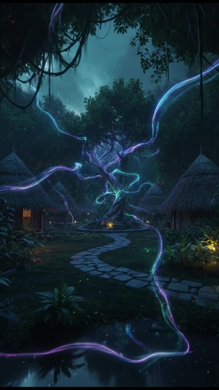 Small thatched-roof huts surrounded by vibrant greenery in a tranquil village setting.