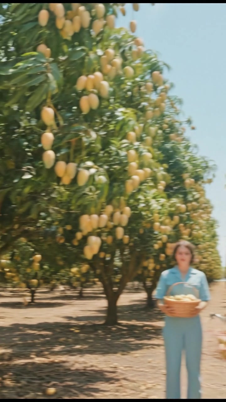 A sun-kissed orchard with mango trees filled with ripe, golden fruit under a clear blue sky.