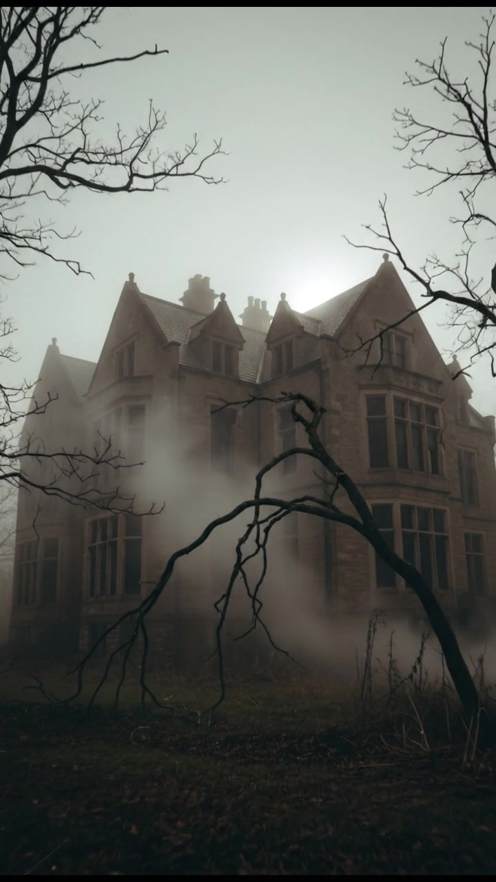 A haunted heritage mansion with tall, dark windows surrounded by thick fog, eerie trees in the foreground.