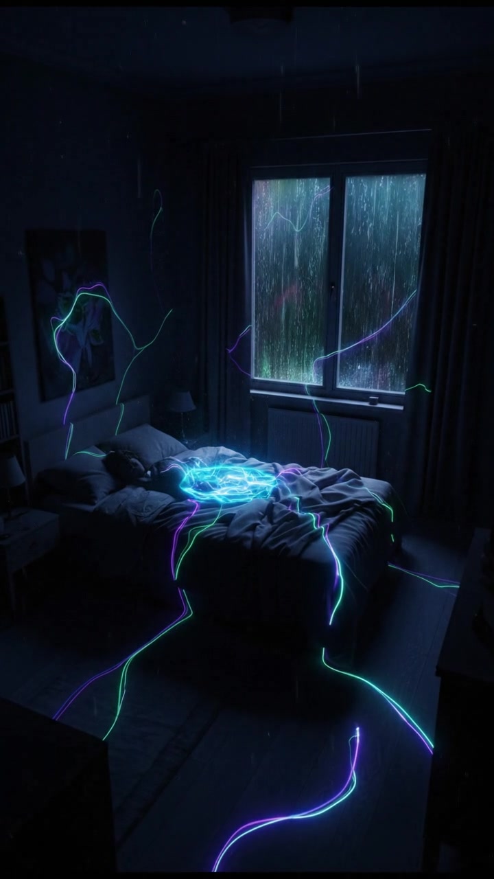 A cozy bedroom at night, rain falling against the window.