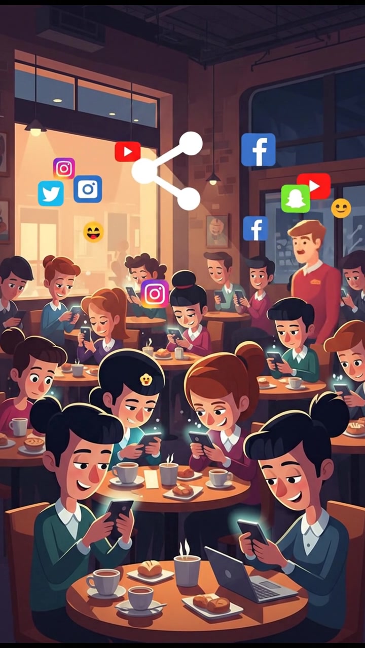 A bustling coffee shop filled with people focused on their smartphones, social media icons visible in the background.
