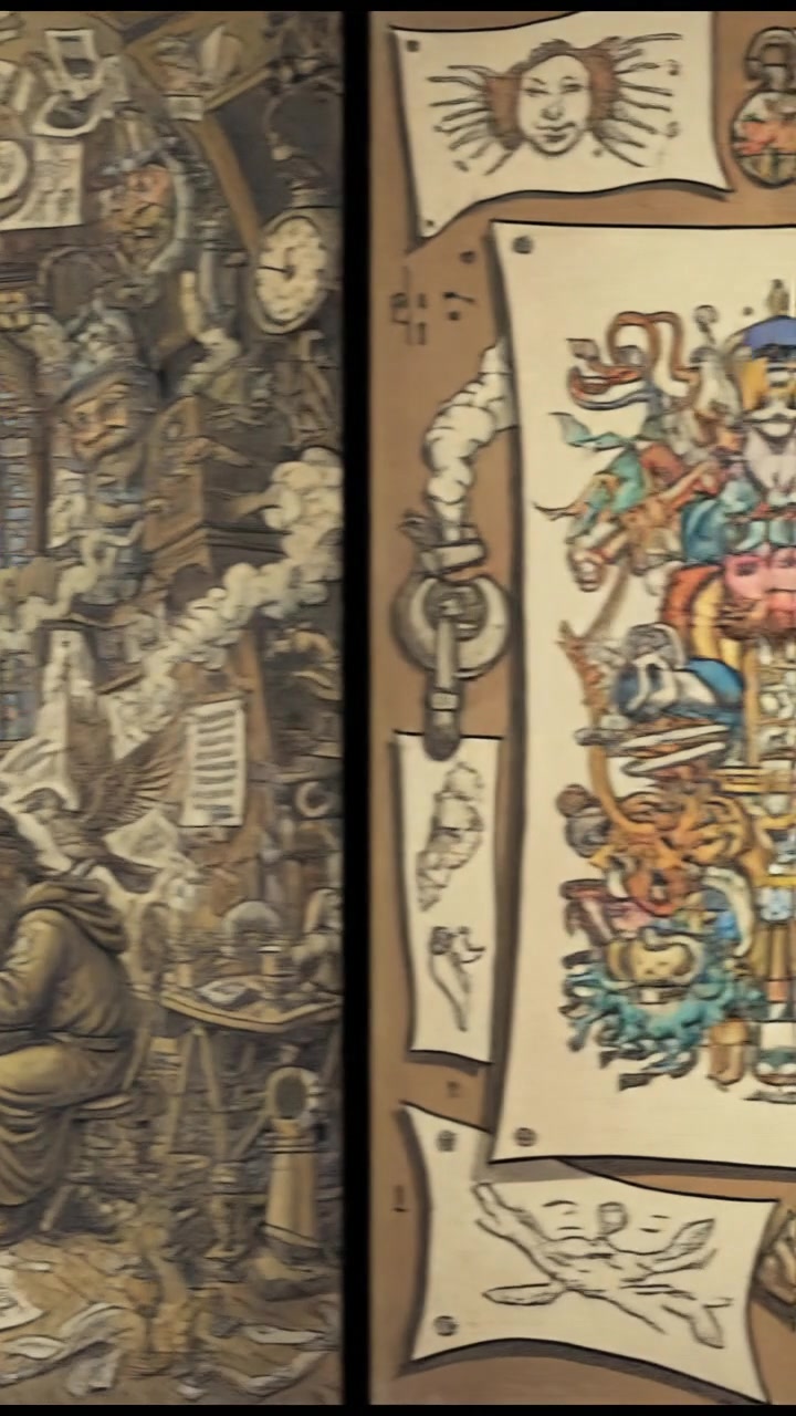 An artist's workspace filled with colorful drawings and art supplies strewn around.