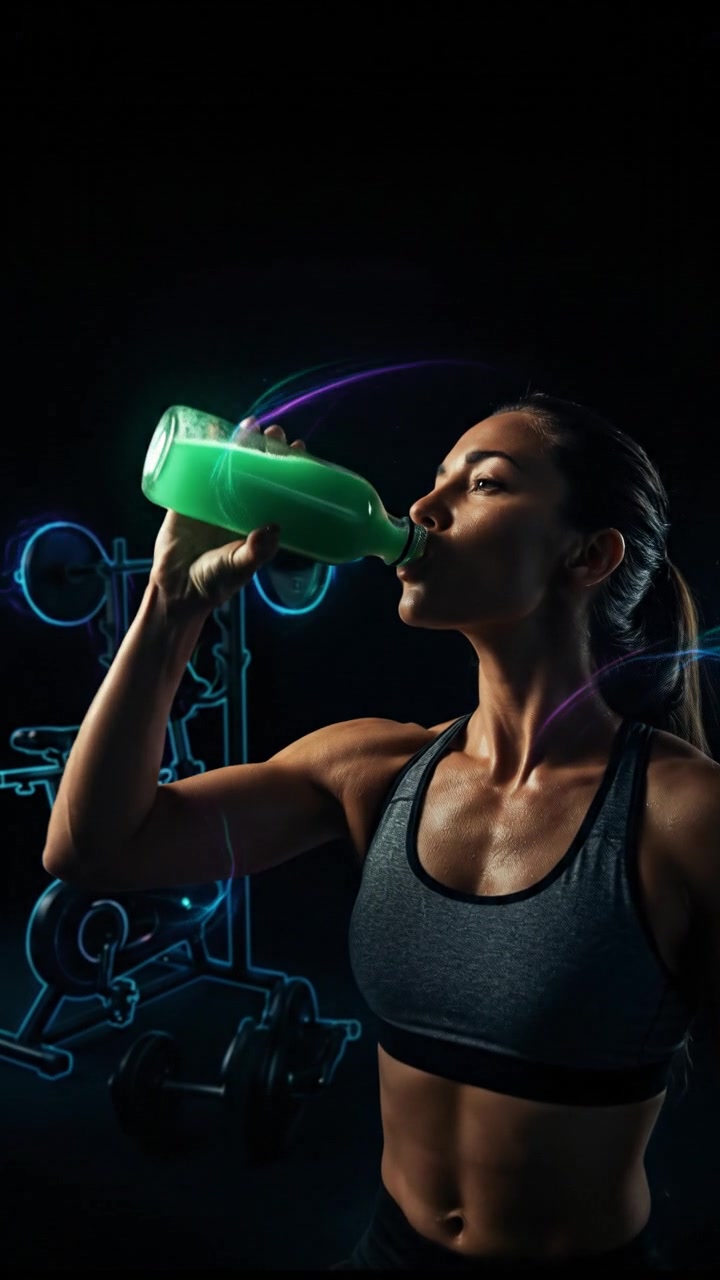 A fitness enthusiast preparing to drink aloe juice after a workout, with exercise equipment in the background.