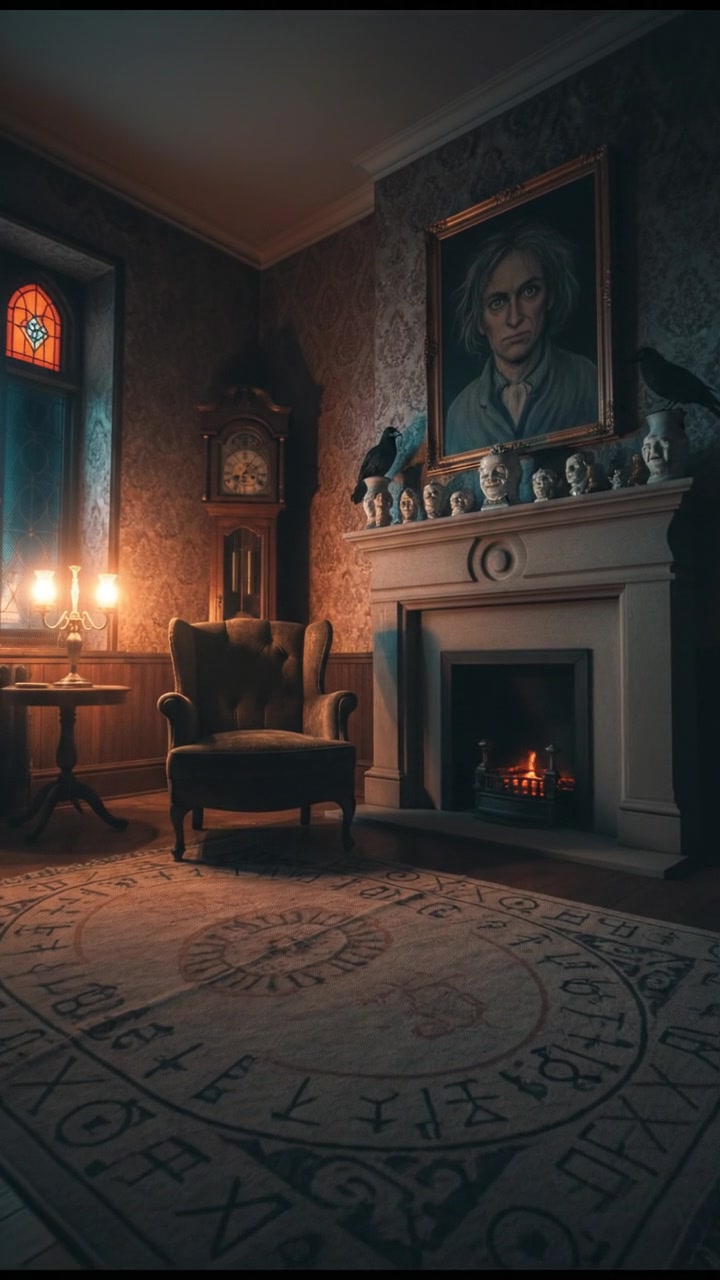 Inside the house, soft lighting and warm colors create a cozy living room.