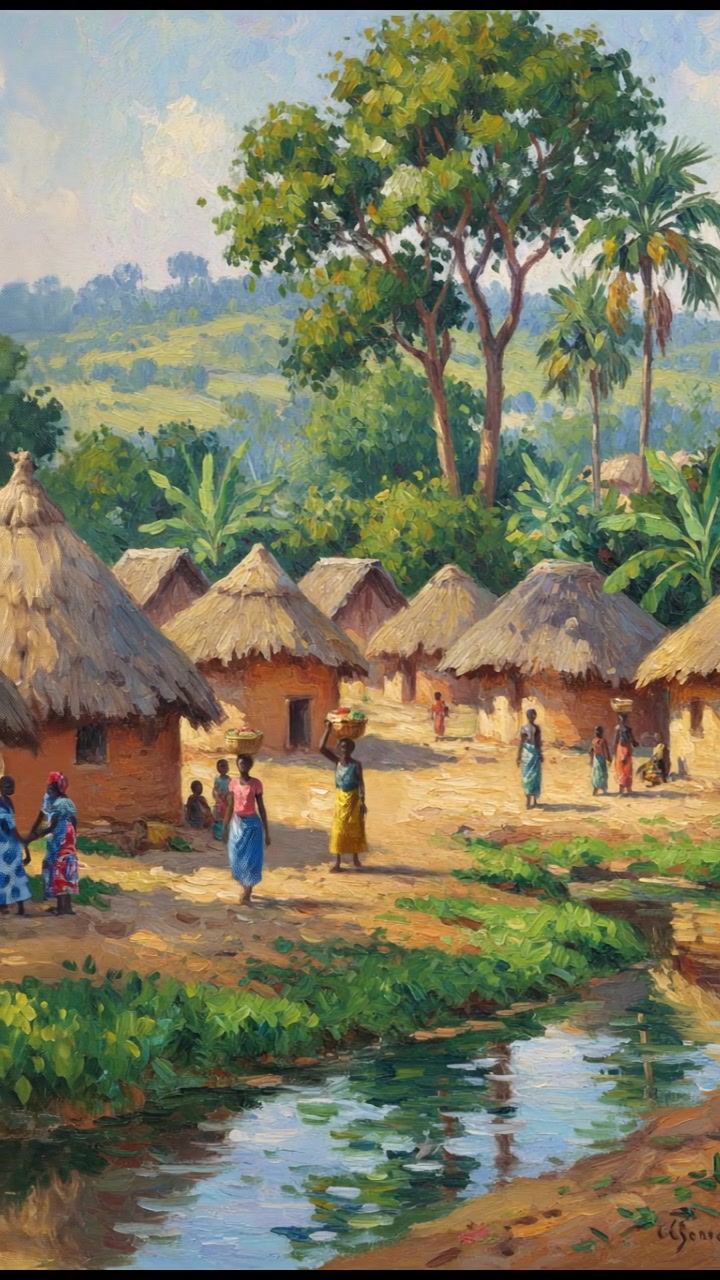 A village scene in Ghana with traditional houses surrounded by lush greenery.