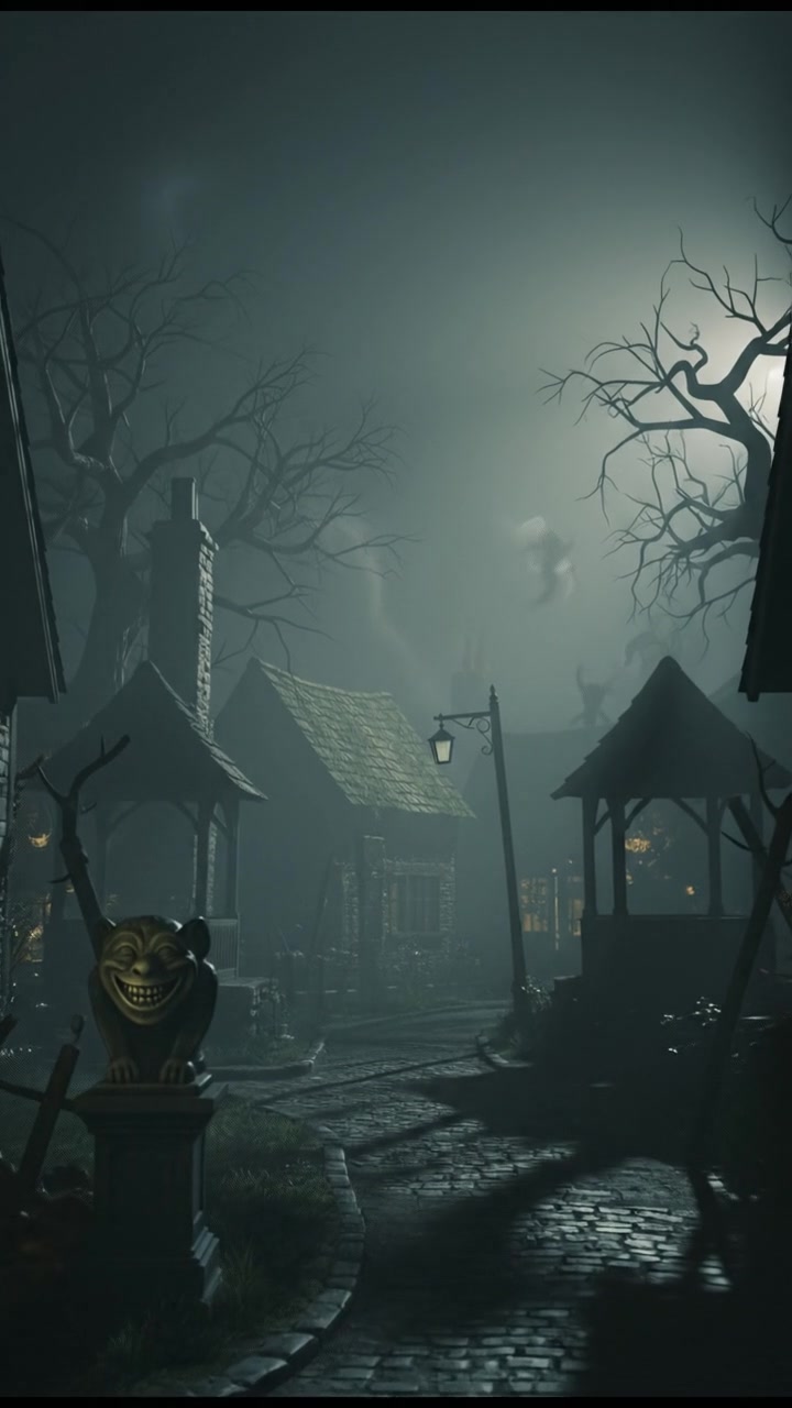 A thick fog enveloping a quiet village at night, with silhouettes of trees barely visible.
