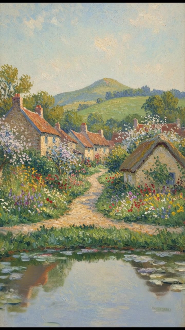 A calm village scene with a distant green hill and a small house.