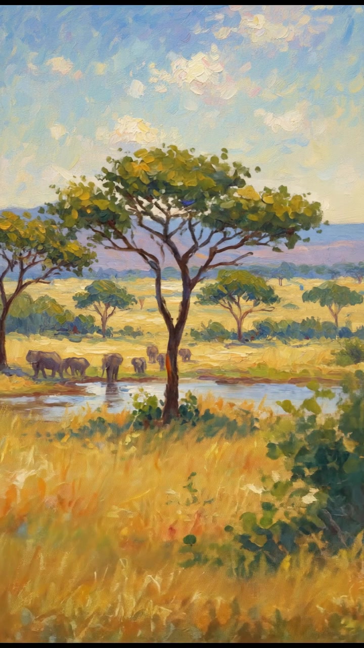 A vibrant African savannah landscape, featuring acacia trees and distant hills under a clear blue sky.