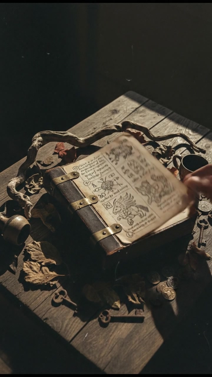 A close-up of a traditional book lying open on a wooden table, with ornate decorations around it.